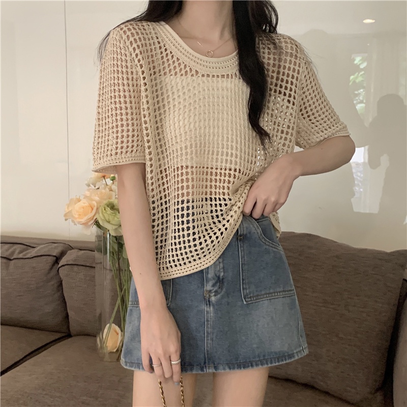 DUNEA Áo Thun Dệt Kim Ngắn Tay Dáng Rộng Kiểu Retro Hàn Quốc 4 Màu Lựa Chọn
