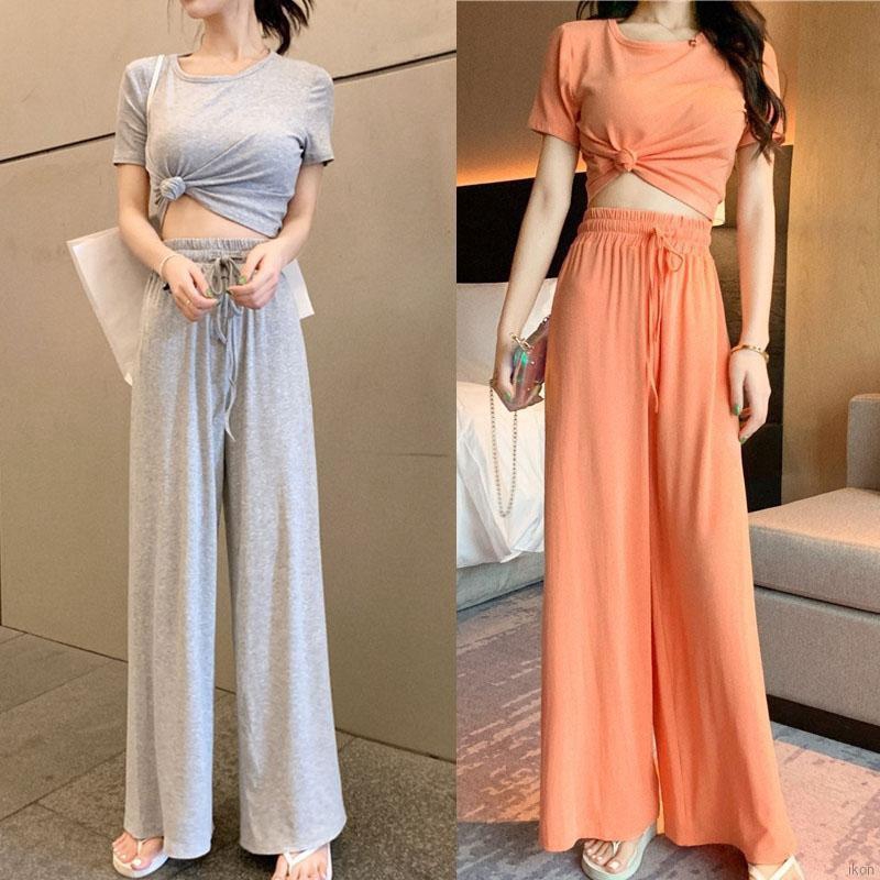 Set áo thun + quần dài màu trơn thời trang cho nữ