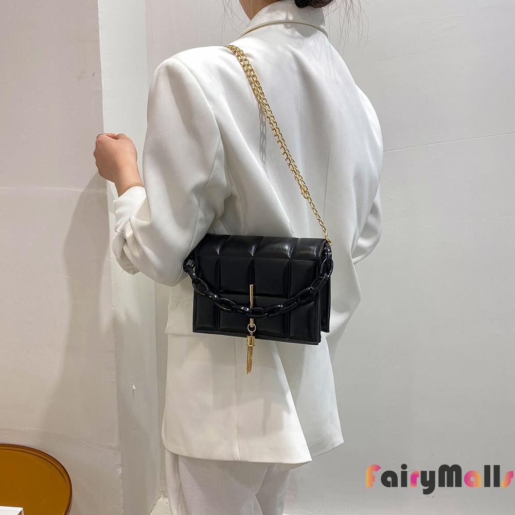 Vintage Women Pure Color Chain PU Shoulder Bag Casual Ladies Tassel Handbag