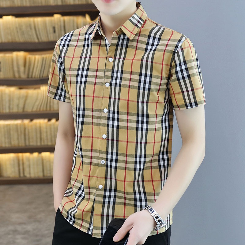 Áo Sơ Mi Cotton Tay Ngắn Họa Tiết Kẻ Sọc Màu Đen / Đỏ / Xanh Quân Đội Phong Cách Hàn Quốc Thời Trang Mùa Hè Cho Nam