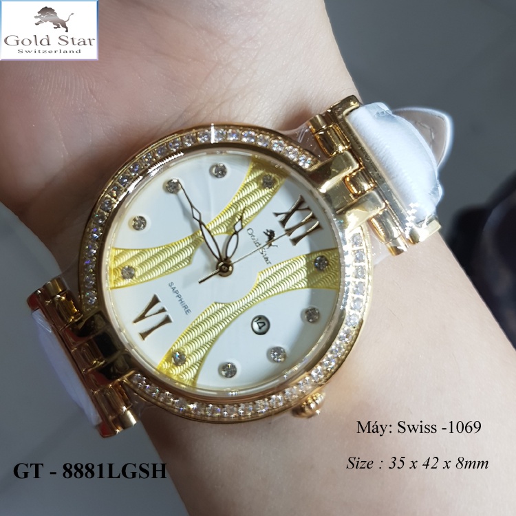 *Gold Star* Đồng Hồ goldstar Chính Hãng Nữ GT – 8881LGSH, Thép 316L, Kính Saphia, Gắn Kim Cương, Mạ Vàng 24k, Nước 30 m