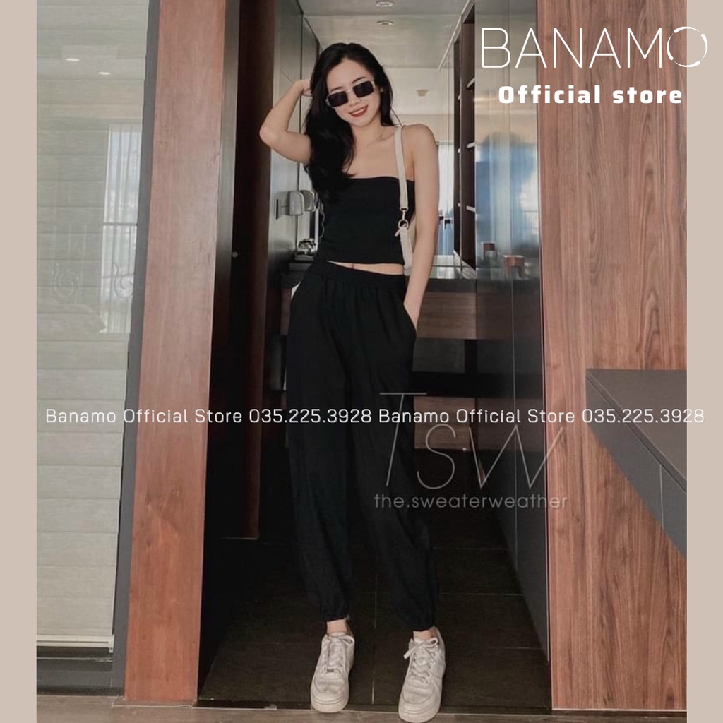 Quần jogger nữ bo gấu vải đũi xước siêu mát Quần bo ống nữ mùa hè Banamo Fashion 826