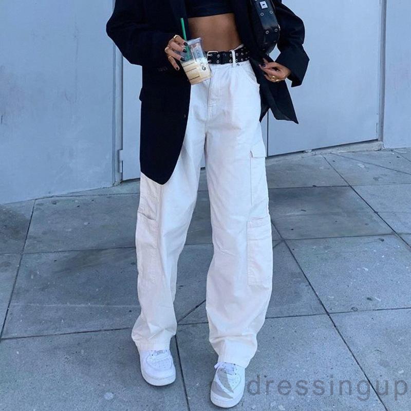 DRESSINGUP-Quần dài ống đứng màu trơn đơn giản thời trang mùa hè cho nữ