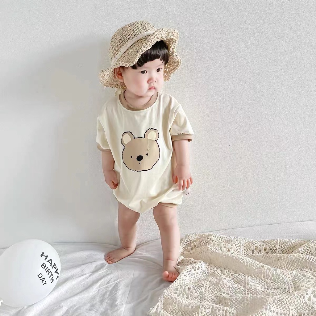 Bộ Áo Liền Quần Tay Ngắn In Hình Gấu Dễ Thương Thời Trang Mùa Hè Cho Bé 0-2 Tuổi