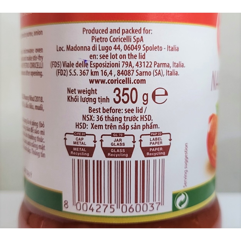 [Lọ 350g – NAPOLETANA ] XỐT MÌ Ý CÀ CHUA [Italia] PIETRO CORICELLI Tomato and Onion Sauce (nhn)