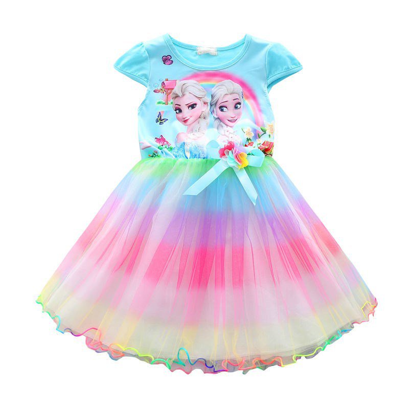 ✨Đầm Công Chúa Elsa Tay Ngắn Chất Liệu Cotton Màu Cầu Vồng Thời Trang Mùa Hè Cho Bé Gái
