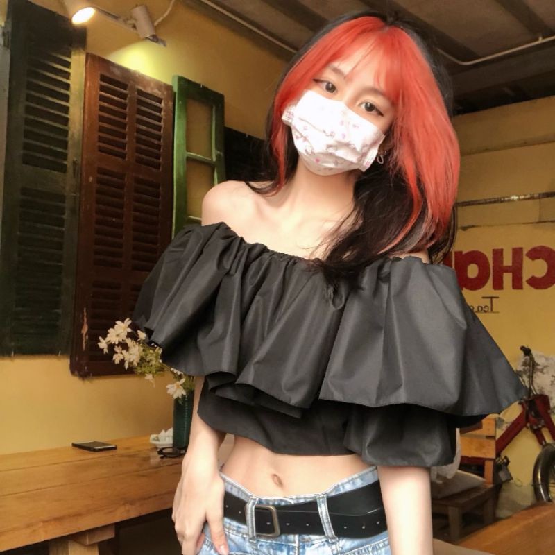 Áo croptop trễ vai bẹt vai bánh bèo hàn quốc có thun ngực Laphin LOẠI 1 VA01