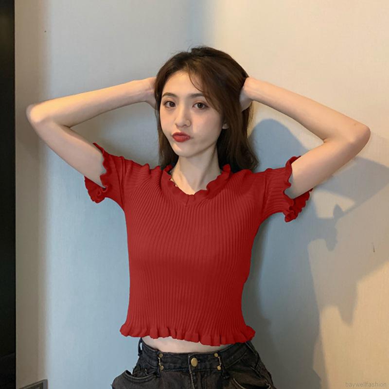 [Baywellfashion]Korean Style Sexy Knit Short V-neck Solid Color Stringy Selvedge Simple Casual Comfortable Women's Tops | BigBuy360 - bigbuy360.vn