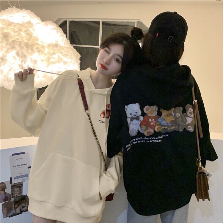 Áo hoodie nữ form rộng 2N Unisex nỉ bông in hình 5 gấu bông màu đen/be