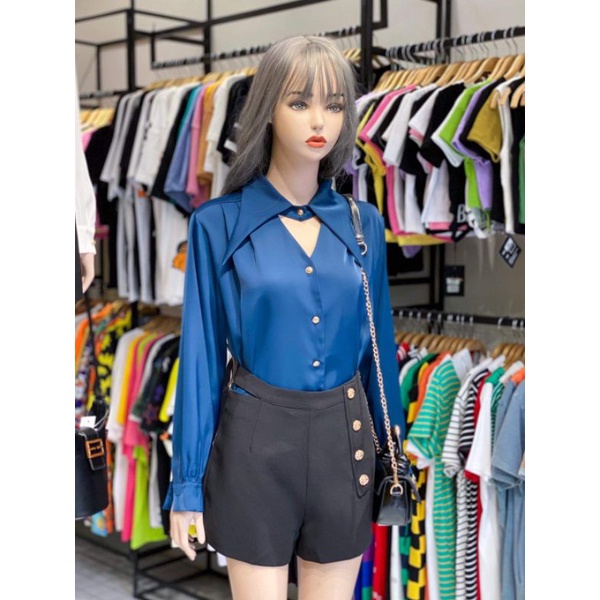 Áo sơ mi nữ cổ tim phối cổ đức bâu dài NEW HOT