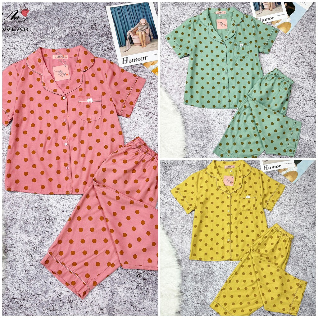 Đồ bộ nữ, Bộ pijama Đũi lạnh Sam 01 Tay Cộc Quần Lửng chấm bi to hàng thiết kế cao cấp