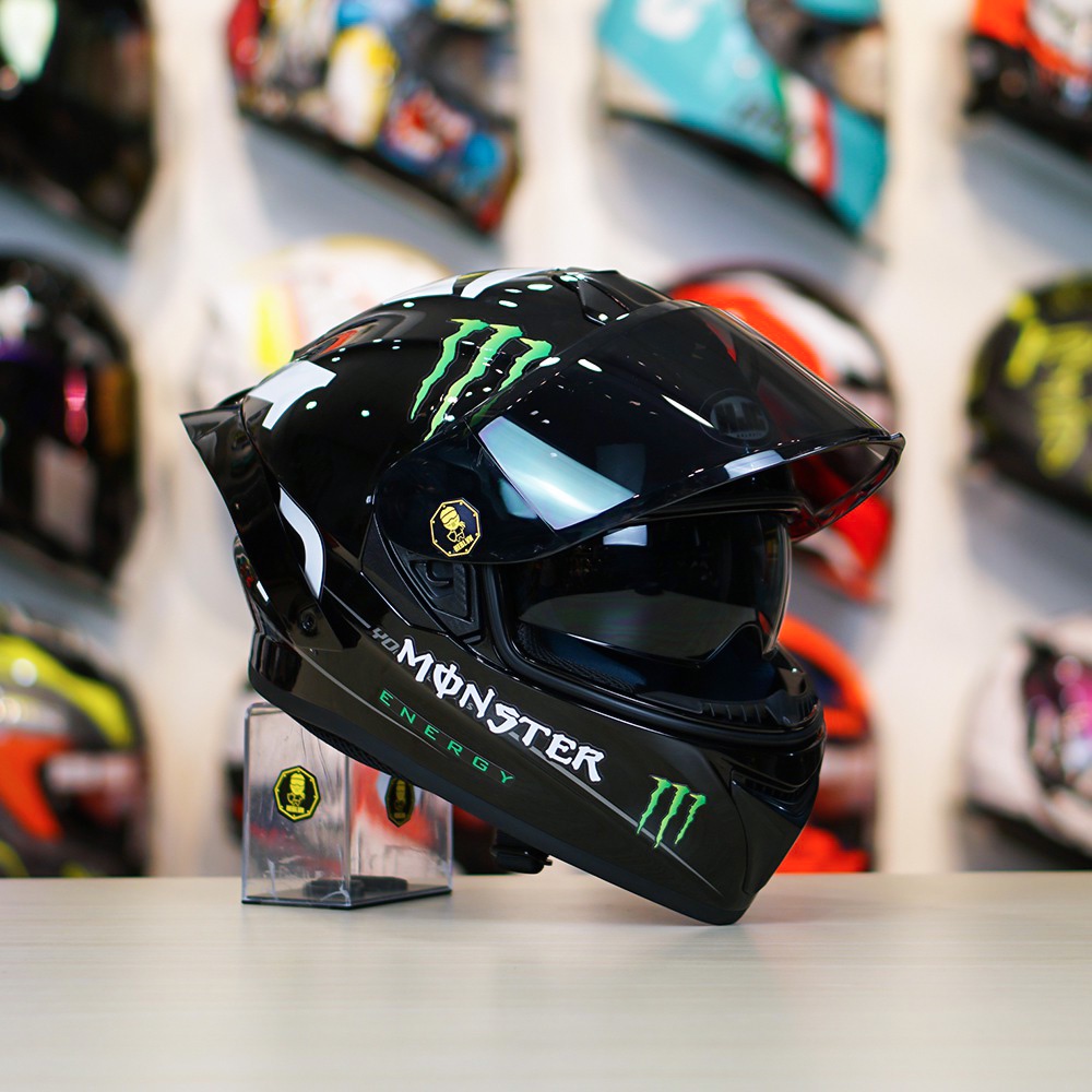Combo Nón Fullface 2 Kính Yohe 981 Tem Decal Monster Kèm Kính Đen Và Đuôi Gió Pista