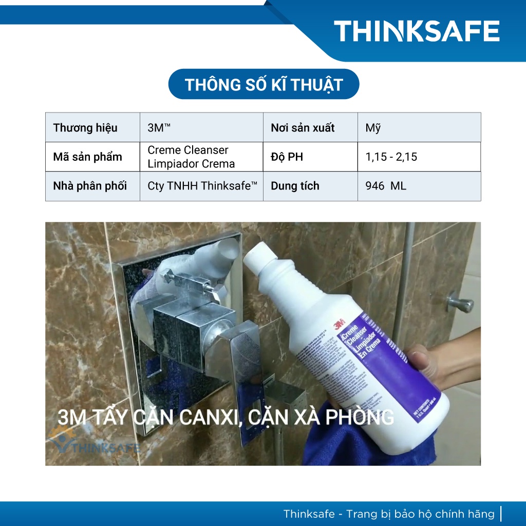 Dung dịch tẩy cặn Canxi, vết ố, rỉ sét 3M Creme Cleaner 946ml tẩy kính nhà tắm, bồn cầu - Thinksafe