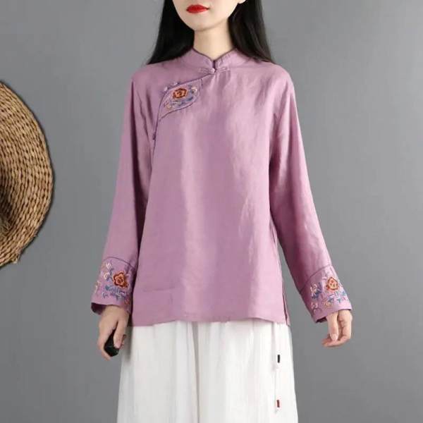 Áo sơ mi tay dài size lớn họa tiết thêu phong cách cổ trang dành cho nữ Ca1565