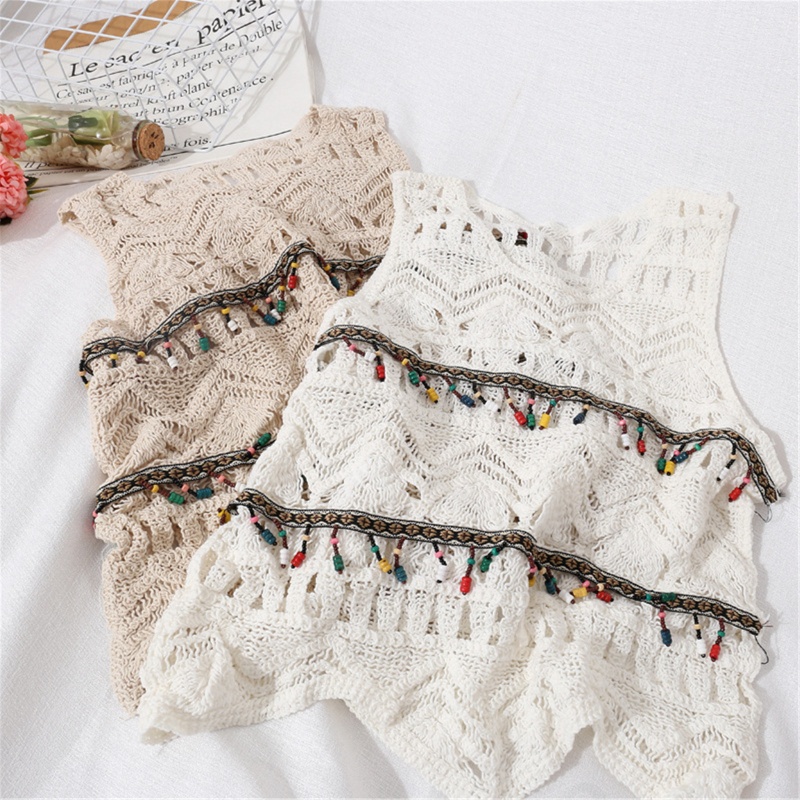 Brroa Ins Áo Crop Top Dệt Kim Không Tay Đính Hạt Phong Cách Boho Hàn Quốc Cho Nữ