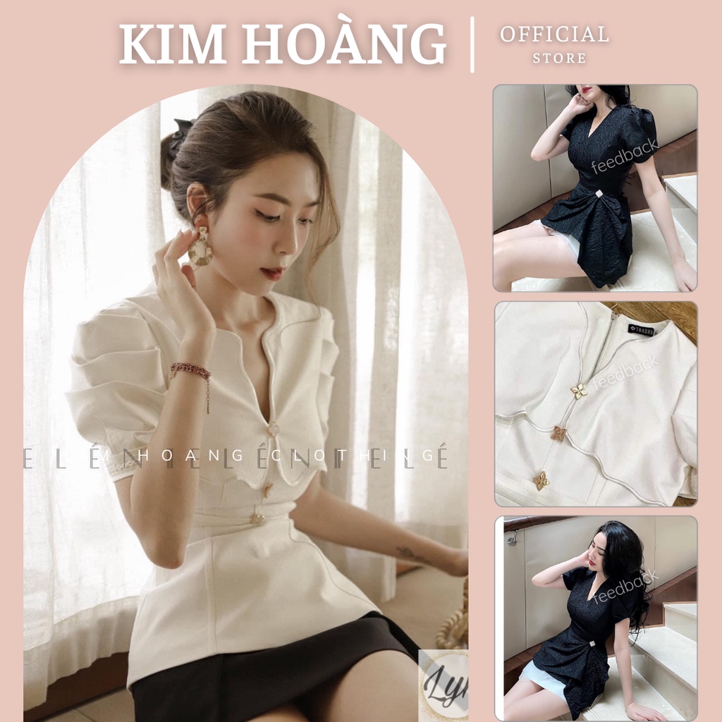 Set áo cộc tay tay bồng phối chân váy ngắn xếp ly Kim Hoàng