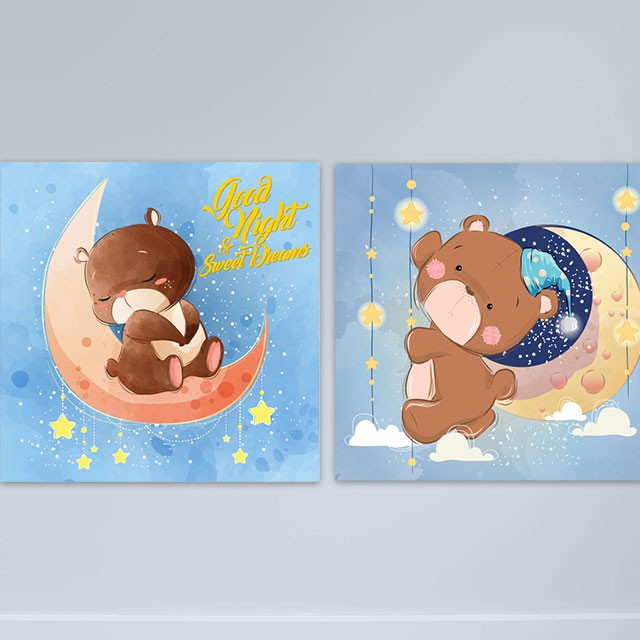 Bộ 2 tranh cho trẻ em “Cùng gấu ngủ ngon” | Tranh phòng em bé W3383
