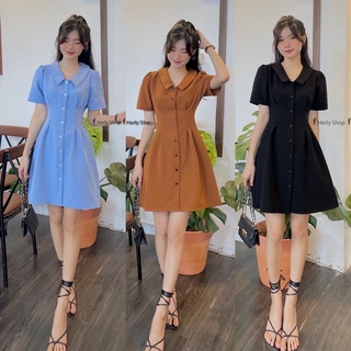 Đầm cổ bẻ xếp ly eo đính nút tay bồng