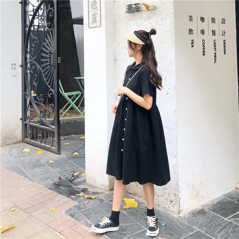 Xiaozhainv Đầm tay ngắn màu trơn phong cách Hàn quốc | BigBuy360 - bigbuy360.vn