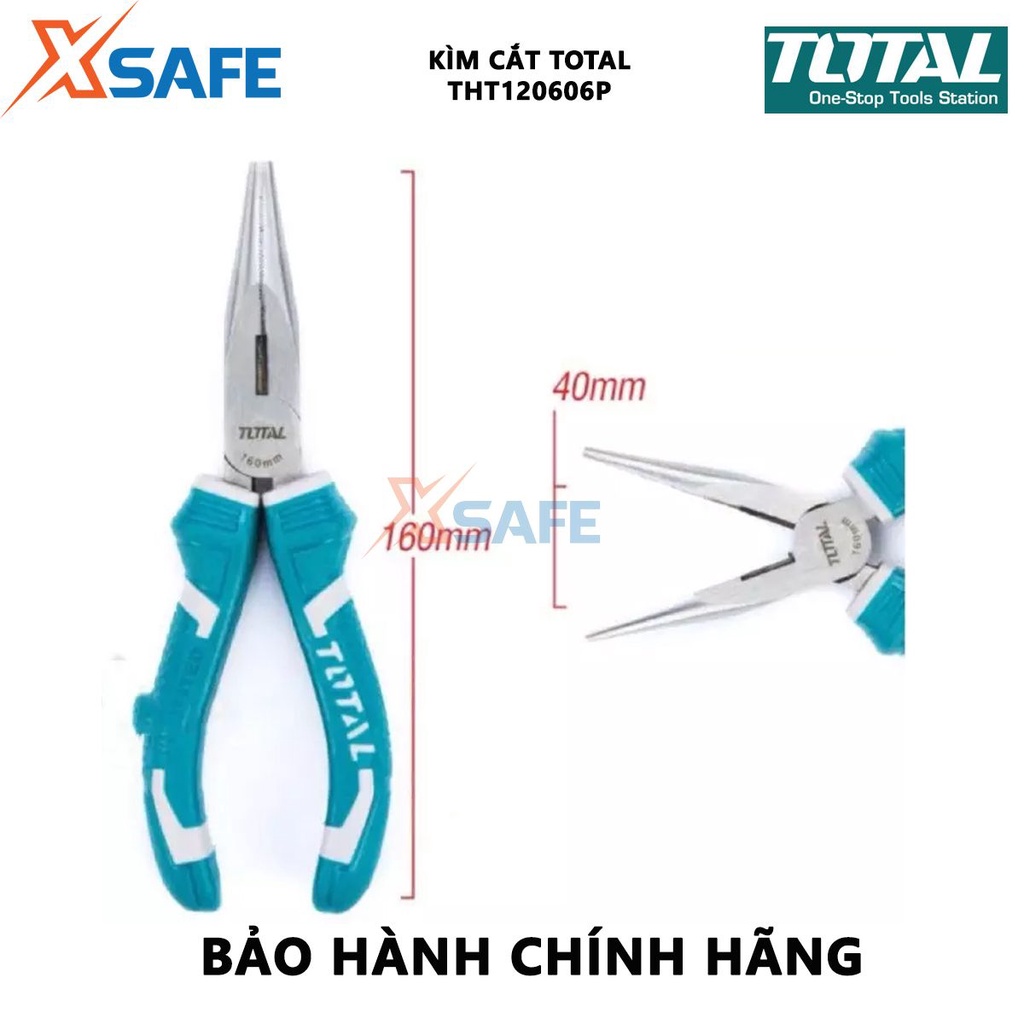 Kìm cắt mỏ nhọn dài TOTAL THT120606P Kềm mỏ dài thép Cr-V, 6 inch/160mm, tay cầm cao su cắt dây điện, tuốt dây