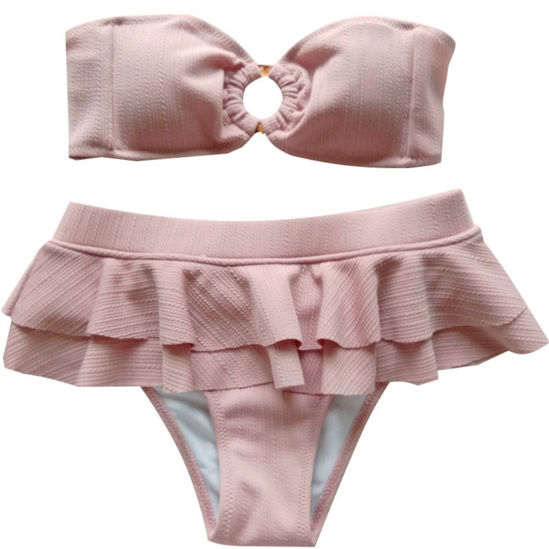 Bộ Đồ Bơi Bikini 2 Mảnh Không Dây Cổ Tròn Lưng Cao Xếp Nếp