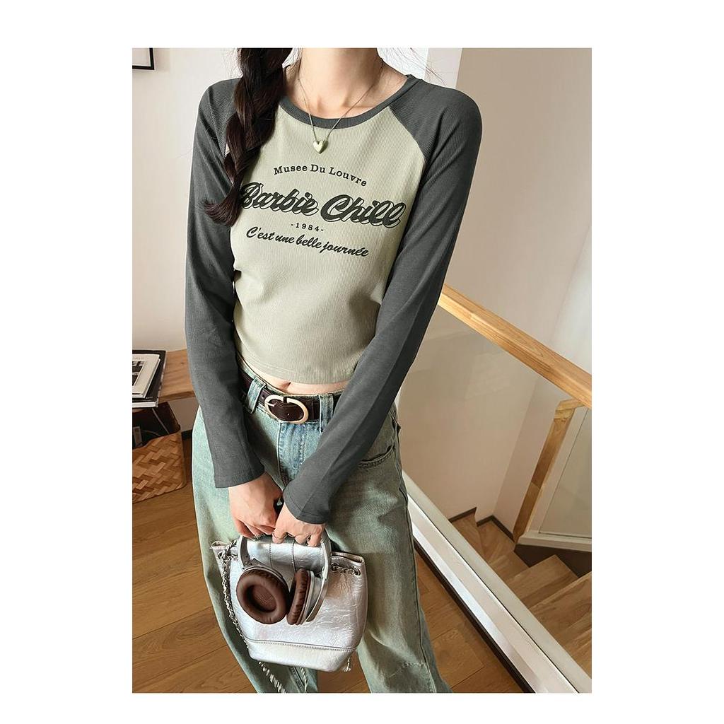Áo Thun Dáng Ngắn Dài Tay In Hình Phong Cách retro Màu Sắc Tương Phản 67319