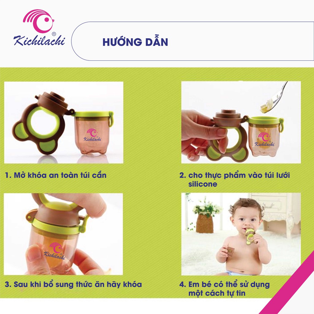Túi nhai ăn dặm chống hóc silicone cao cấp, không chứa BPA hình gấu KICHILACHI có kèm 3 núm nhai và kẹp xích