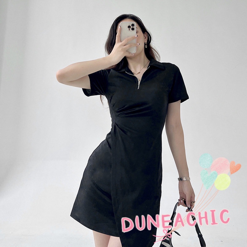DUNEA Đầm Ngắn Tay Cổ Polo Phối Khóa Kéo Thời Trang Cho Nữ