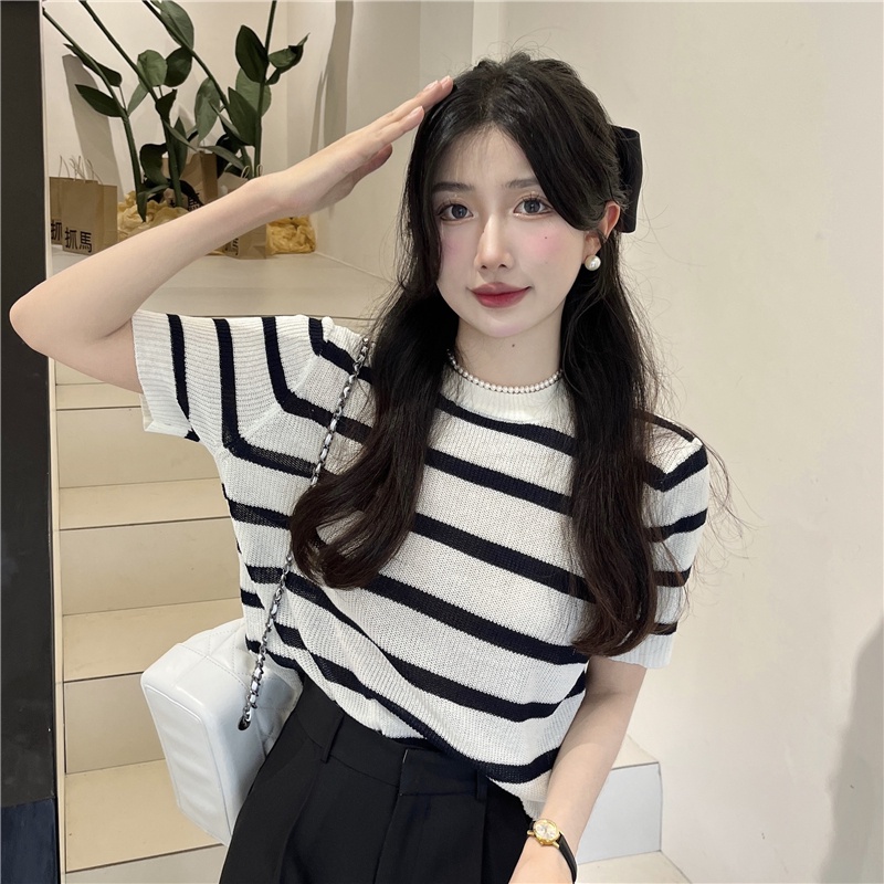 Áo kiểu ZHELIHANGFEI dệt kim tay ngắn cổ tròn dáng rộng kẻ sọc ngang trẻ trung hợp thời trang