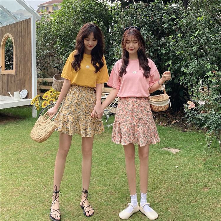 (4 màu L1) SET CHÂN VÁY ĐUÔI CÁ HOA NHÍ HỒNG TÍM ĐEN VÀNG + ÁO PHÔNG HOA CÚC DAISY NHIỀU MÀU ULZZANG