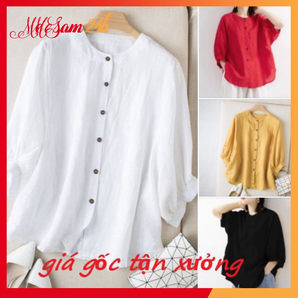 Áo sơ mi đũi nữ bigsize tay lỡ cổ tròn Mẹ Sam 24h chất liệu vải mềm mịn mát, form rộng che khuyết điểm SMH.34