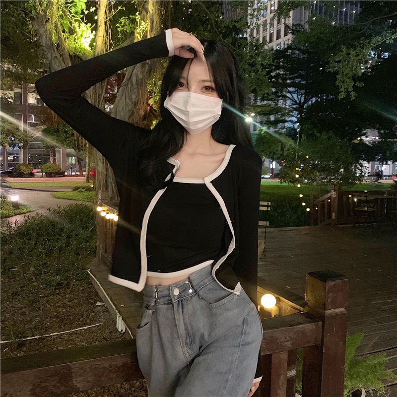 Set Áo Hai Dây + Áo Khoác Cardigan Tay Dài Chống Nắng Phong Cách Hàn Quốc Mới