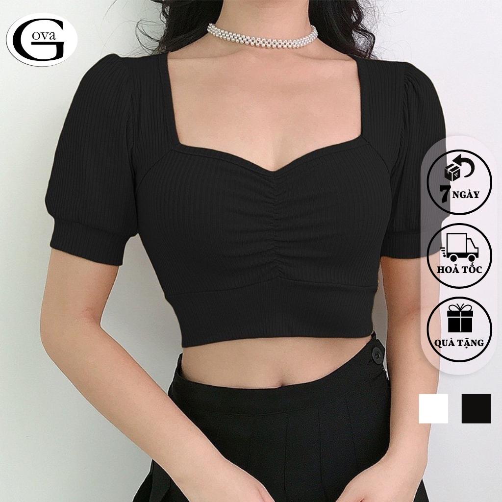 Áo Croptop Tay Phồng Ngắn Cổ Vuông Nhún Ngực Siêu Xinh Satiny DB63
