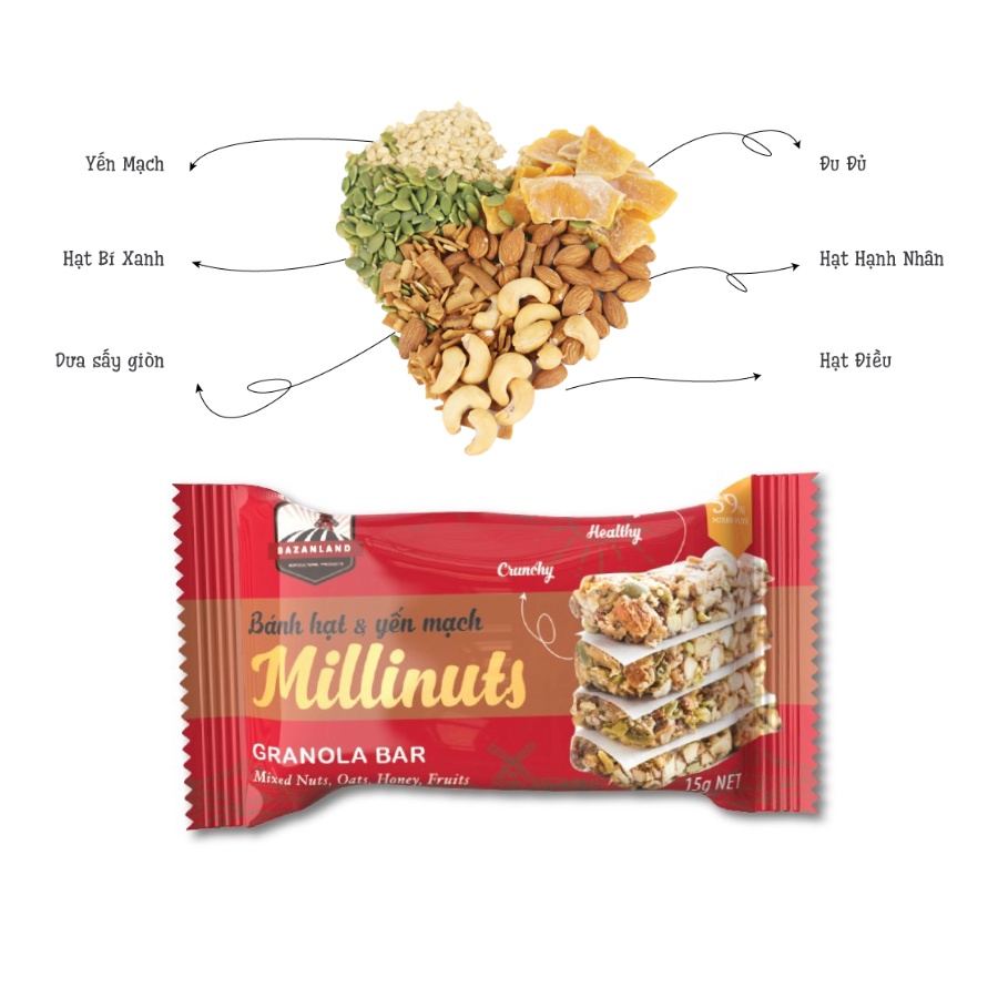 Thanh ngũ cốc Millinuts - Giàu dinh dưỡng, Thơm ngon, Tốt cho sức khoẻ - (Thanh 10g, Hộp 3 thanh x 10g)