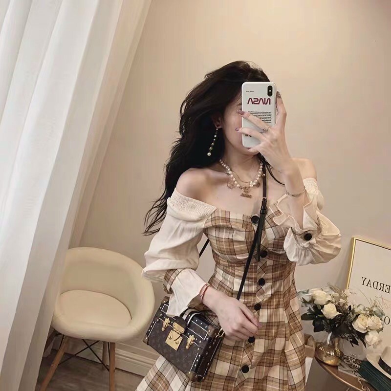 [MÃ TH6739 GIẢM 20% TỐI ĐA 30K ĐƠN TỐI THIỂU 500K] Váy caro trễ vai Đầm caro trễ vai nữ chân váy xòe có ảnh thật | BigBuy360 - bigbuy360.vn