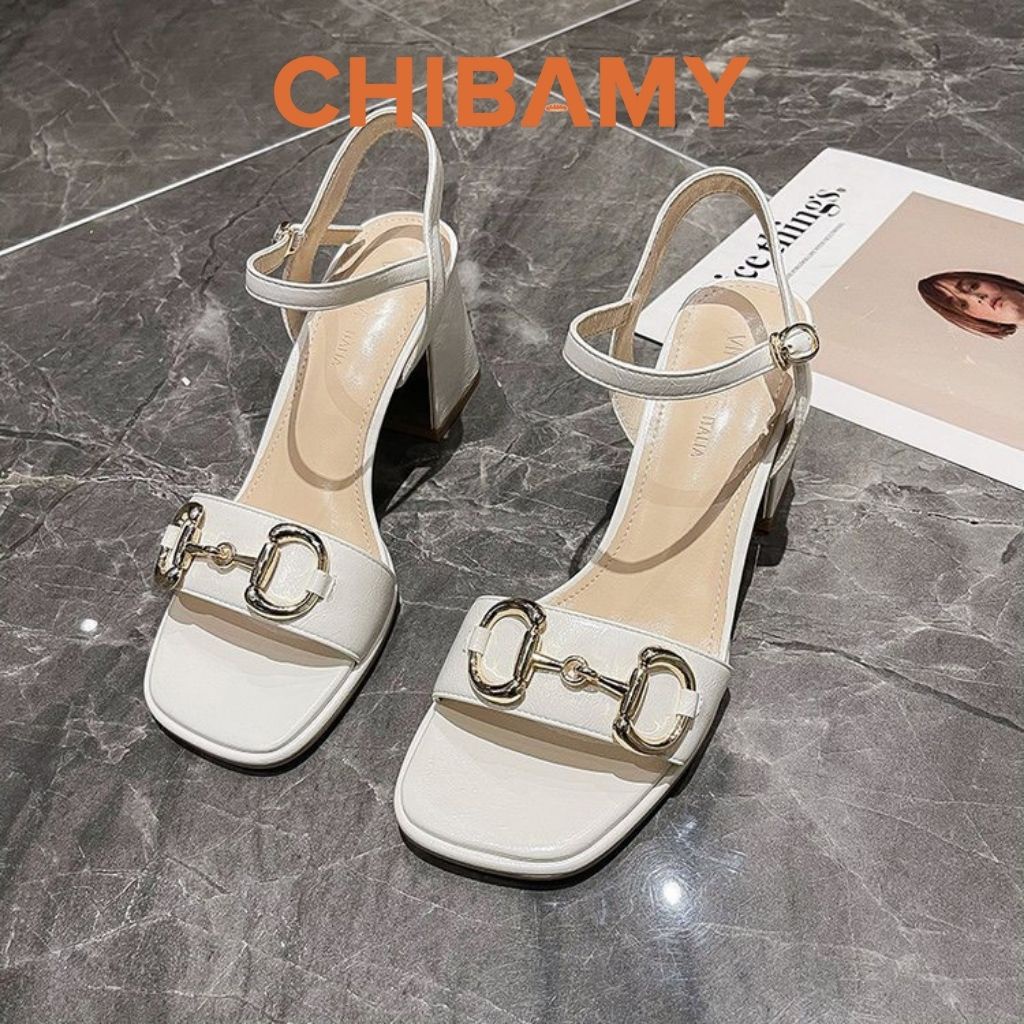 Sandal cao gót nữ GuC chất da mềm CHIBAMY, dép quai hậu nữ gót vuông cao 7cm