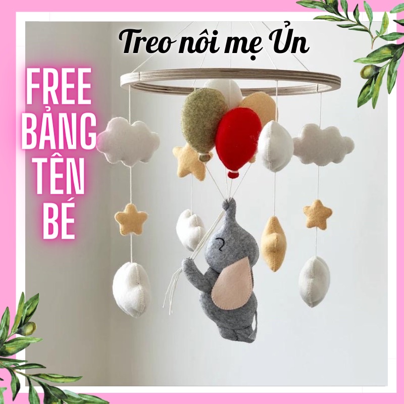 Đồ chơi treo nôi cho bé kích thích thị giác cho bé, tự xoay và phát nhạc mẫu Voi Xám bóng bay