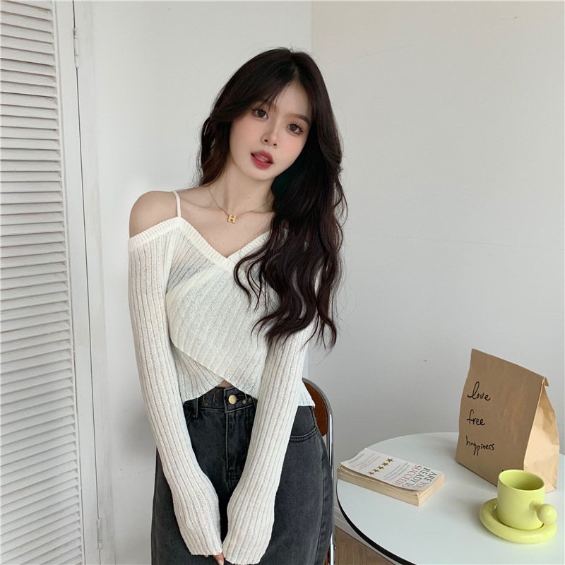 Áo len nữ dài tay cách điệu trễ vai vạt bắt chéo sexy ảnh thật