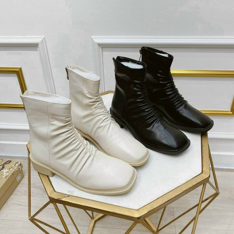 Bốt lửng nữ da mềm nhúm nhăn trước, Bốt nữ thời trang khóa kéo sau phối gân giữa full box cao cấp | BigBuy360 - bigbuy360.vn