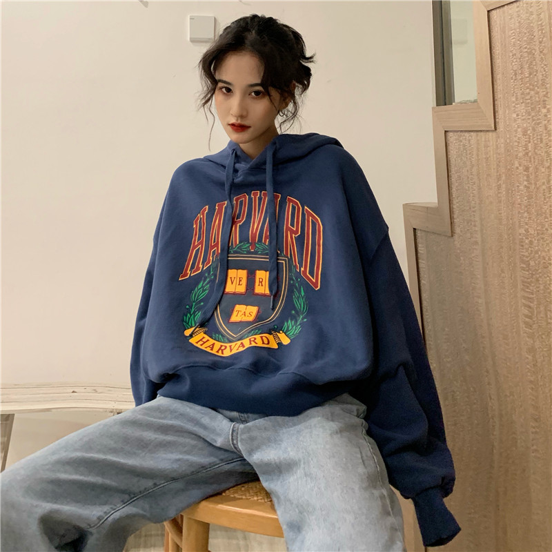 Áo hoodie tay dài dáng rộng in họa tiết duyên dáng phong cách mùa thu