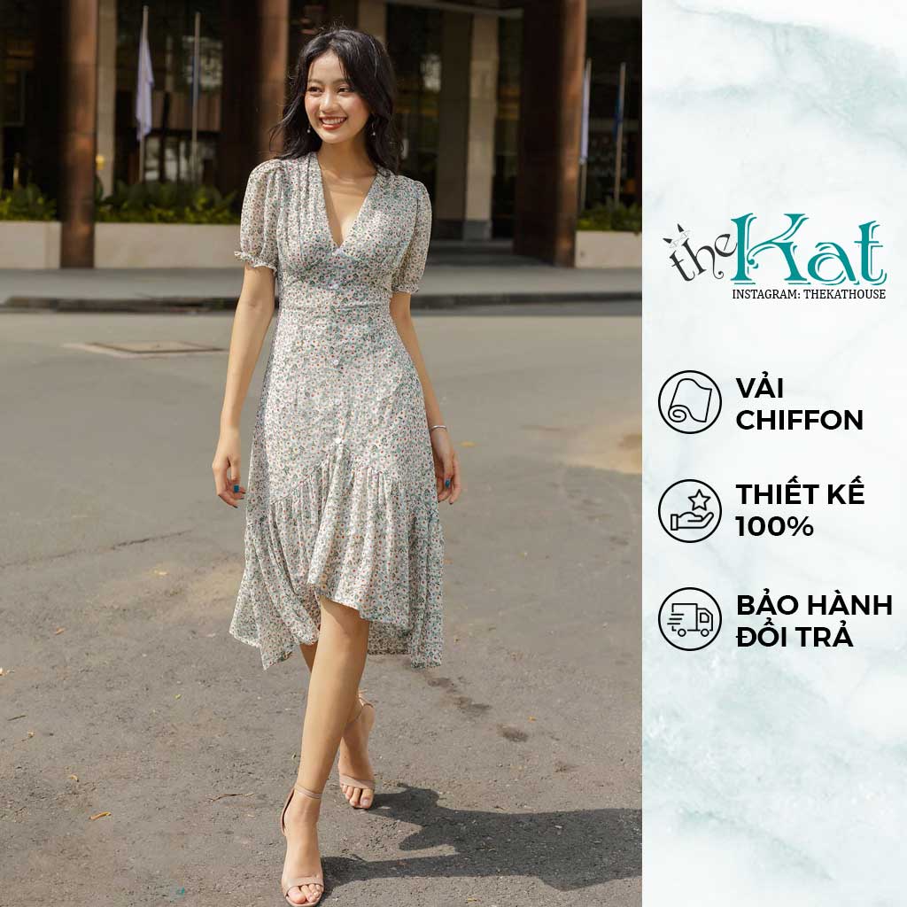 Đầm Hoa Nhí Cổ V Đuôi Cá The Kat House, vải chiffon Hàn, ôm vừa vặn, tôn dáng, xinh xắn dễ thương