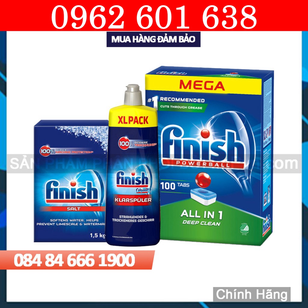 Combo rửa bát Finish Hộp All in one (100 viên hoặc 90 viên), Muối 1.5kg, Nước làm bóng 750ml