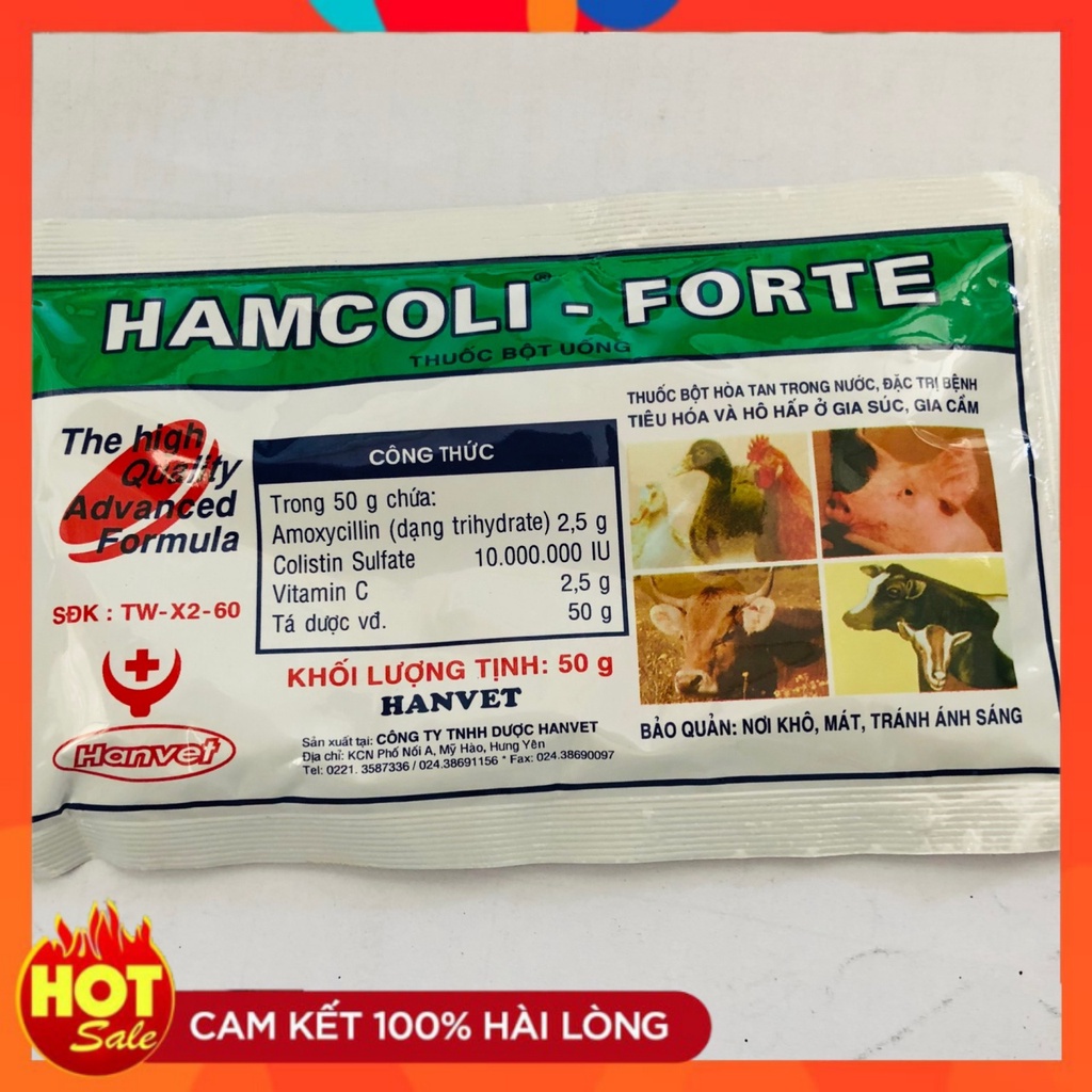 HAMCOLI - FORTE - đặc trị gà đá bị tiêu hóa và hô hấp (1 gói / 50 gram)