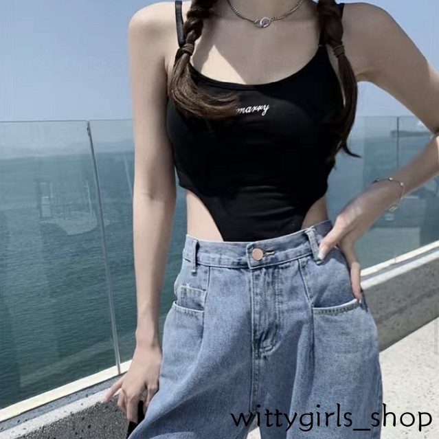 Wittygirls_shop | Bộ Áo Liền Quần Cổ Thuyền Không Tay In Chữ Màu Đen Gợi Cảm Cho Nữ