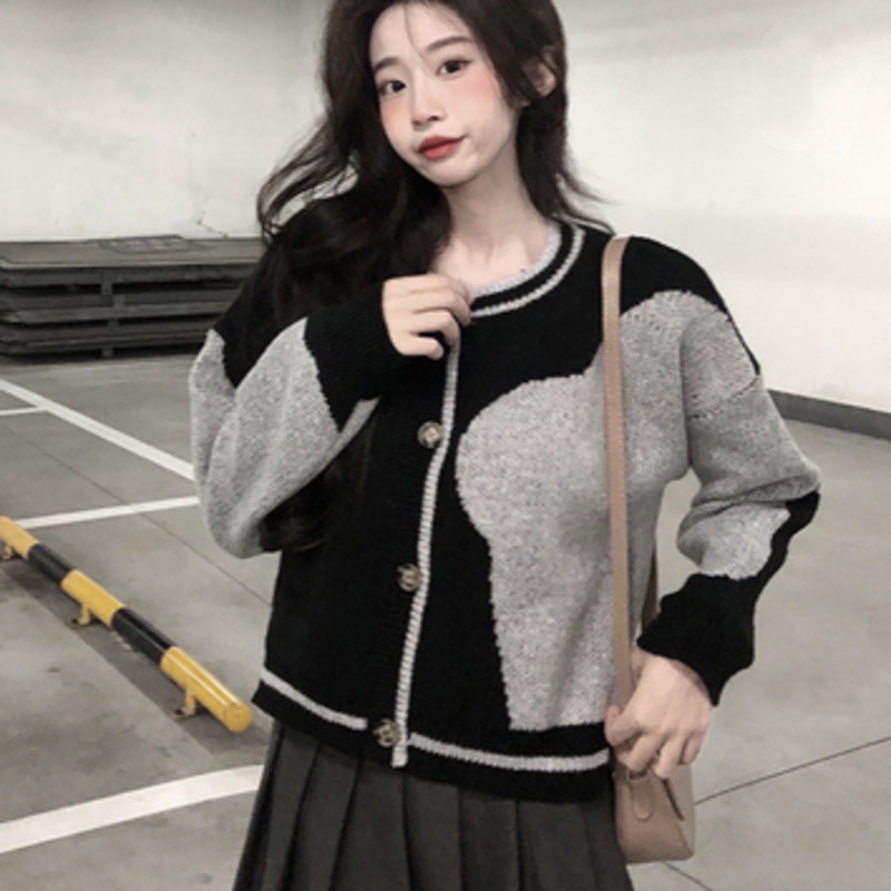 Áo Khoác Dệt Kim Tay Dài Màu Sắc Tương Phản Phong Cách Hàn Quốc