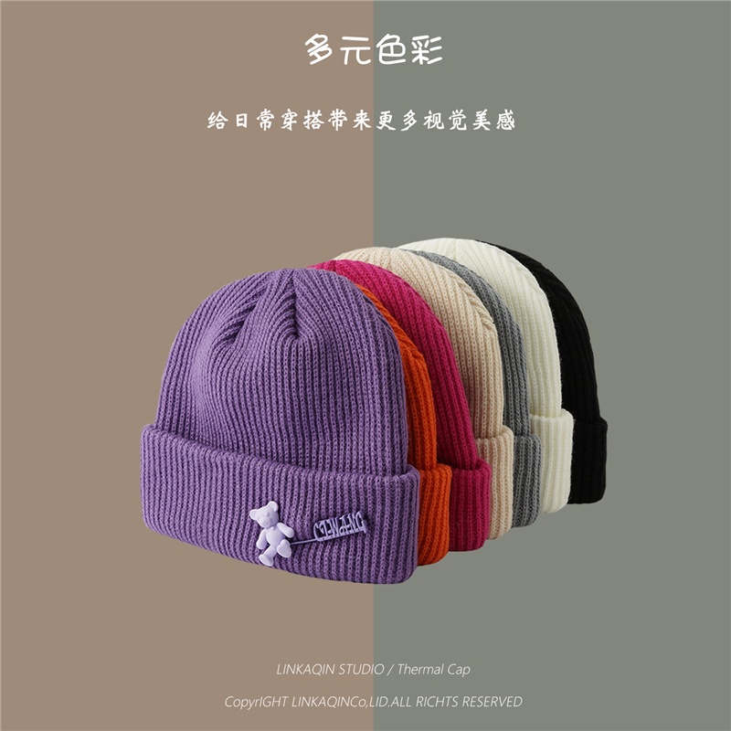 Mũ len họa tiết gấu ghim bên trong phong cách Nhật Bản thời trang thu đông cho nữ