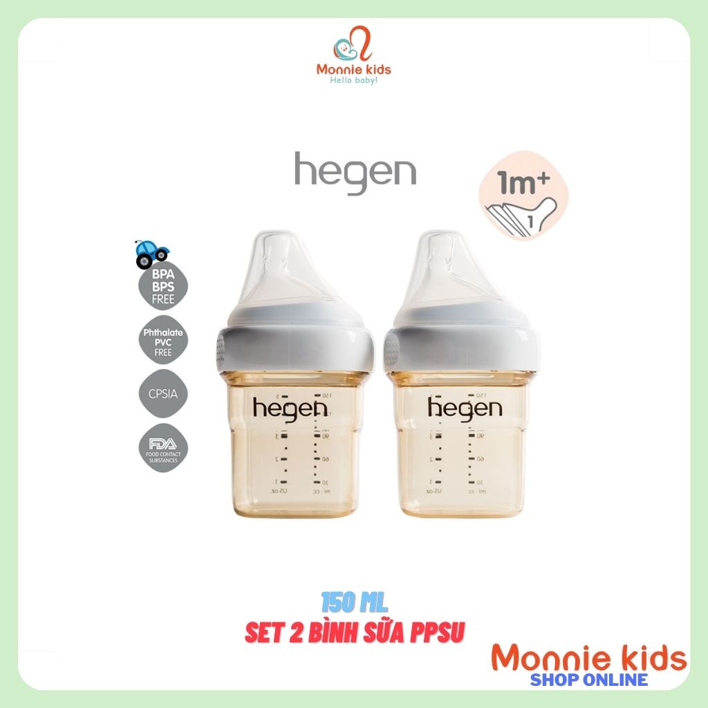 Set 2 bình sữa cho bé HEGEN PPSU 150ml núm 1, bình sữa trẻ em chính hãng 1m+, Monnie Kids