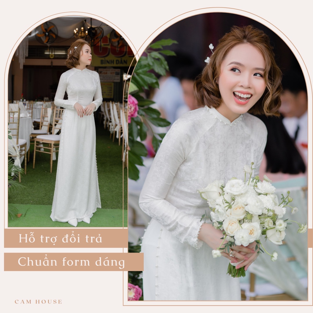 Áo dài cưới đẹp màu trắng, chất liệu gấm, cổ cao 4 tà
