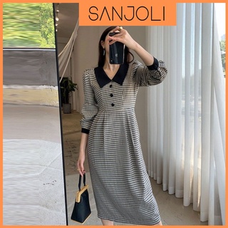 Đầm Dự Tiệc Nữ SANJOLI Váy Maxi Kẻ Caro Dáng Suông Dài Công Sở Thiết Kế Cổ Vest Bo Tay Hàn Quốc Sang Trọng VD057