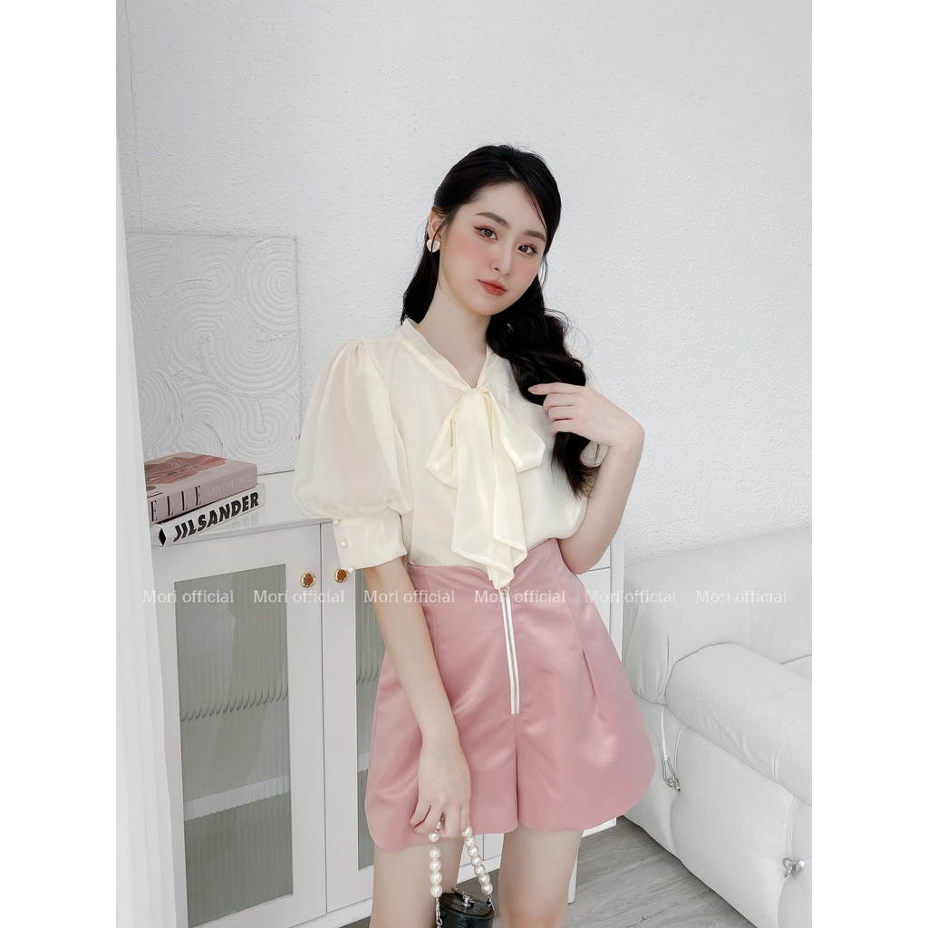 Set áo sơ mi nữ tay ngắn quần short cạp cao tiểu thư thiết kế tay bồng cổ nơ công sở voan hai lớp Mori Clothing ASM01